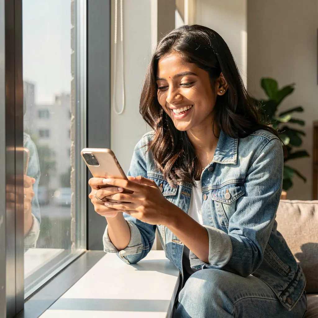 Smiling Bangladeshi woman using the KASH777 mobile casino app on her phone while sitting by a sunny window in a relaxed casual setting