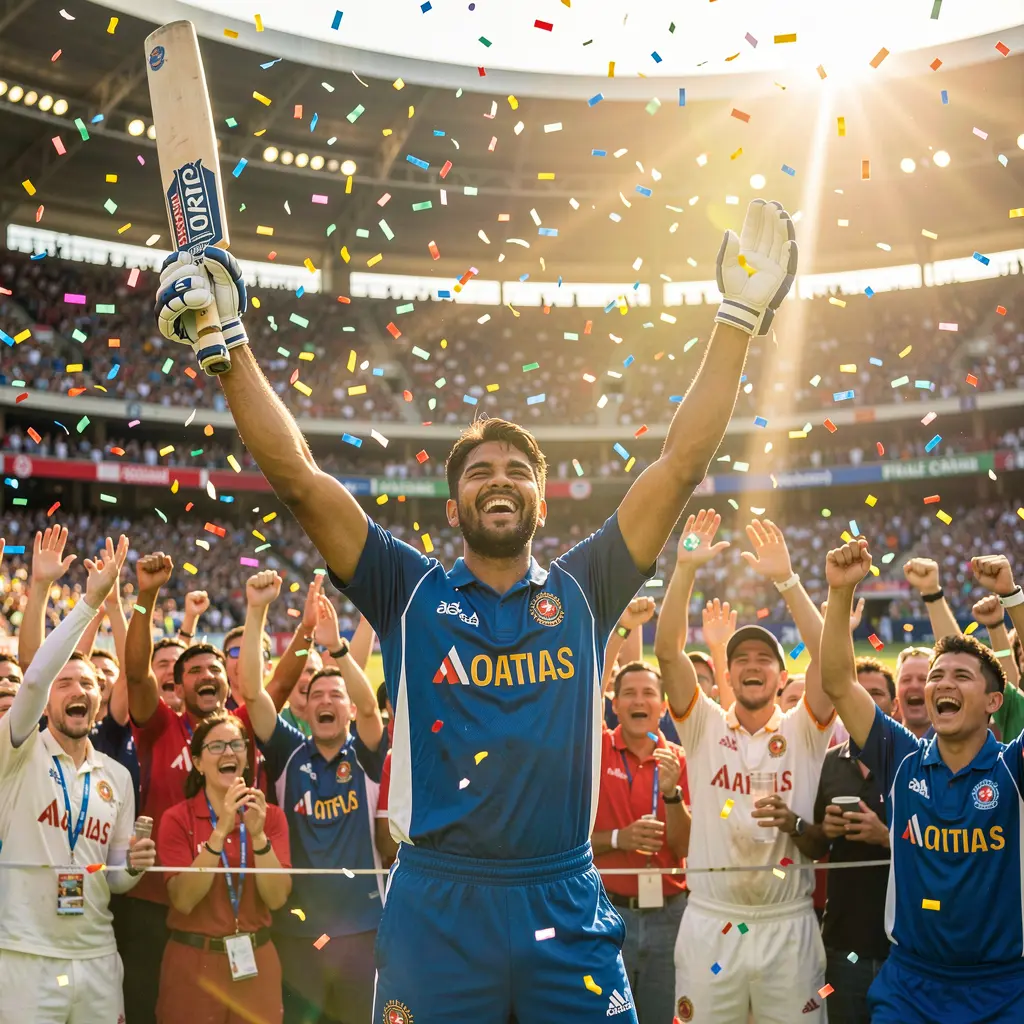 Excited cricket fan celebrating a big win with raised arms and cheering crowd reflecting the thrill of live betting on KASH777 in Bangladesh