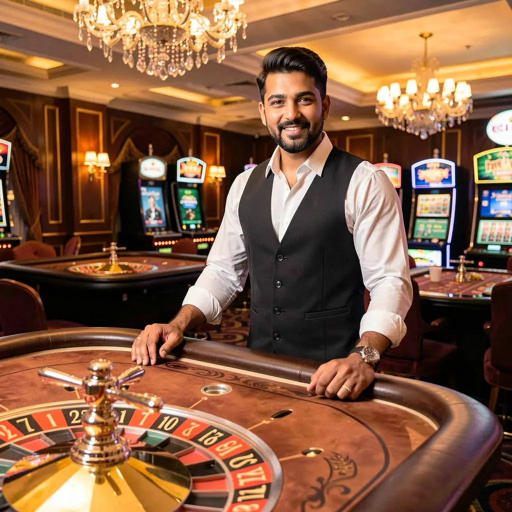 Confident casino dealer standing at a glowing roulette table inside a luxury casino atmosphere showcasing the premium live gaming experience at KASH777 for players in Bangladesh