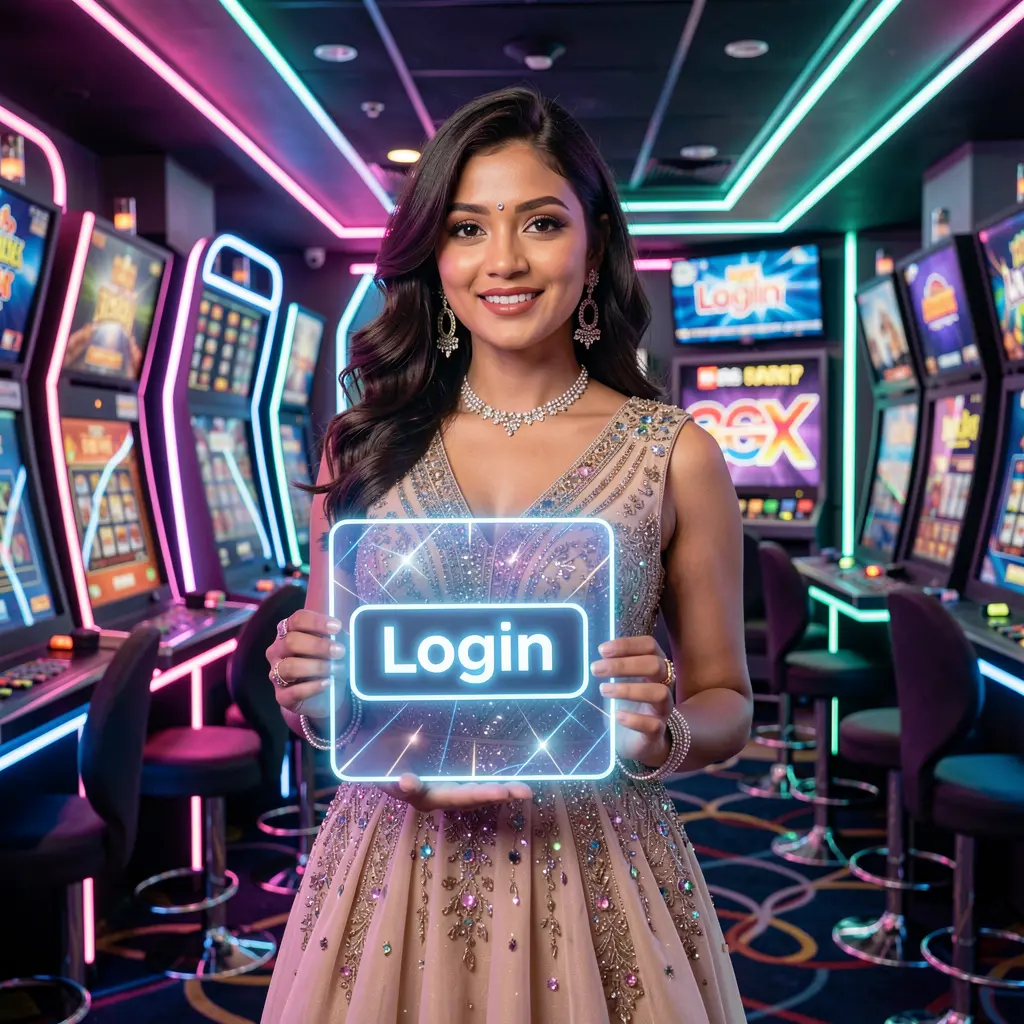 Stylish Bangladeshi woman in a glamorous pink dress holding a glowing login card in a futuristic casino scene representing secure access at KASH777