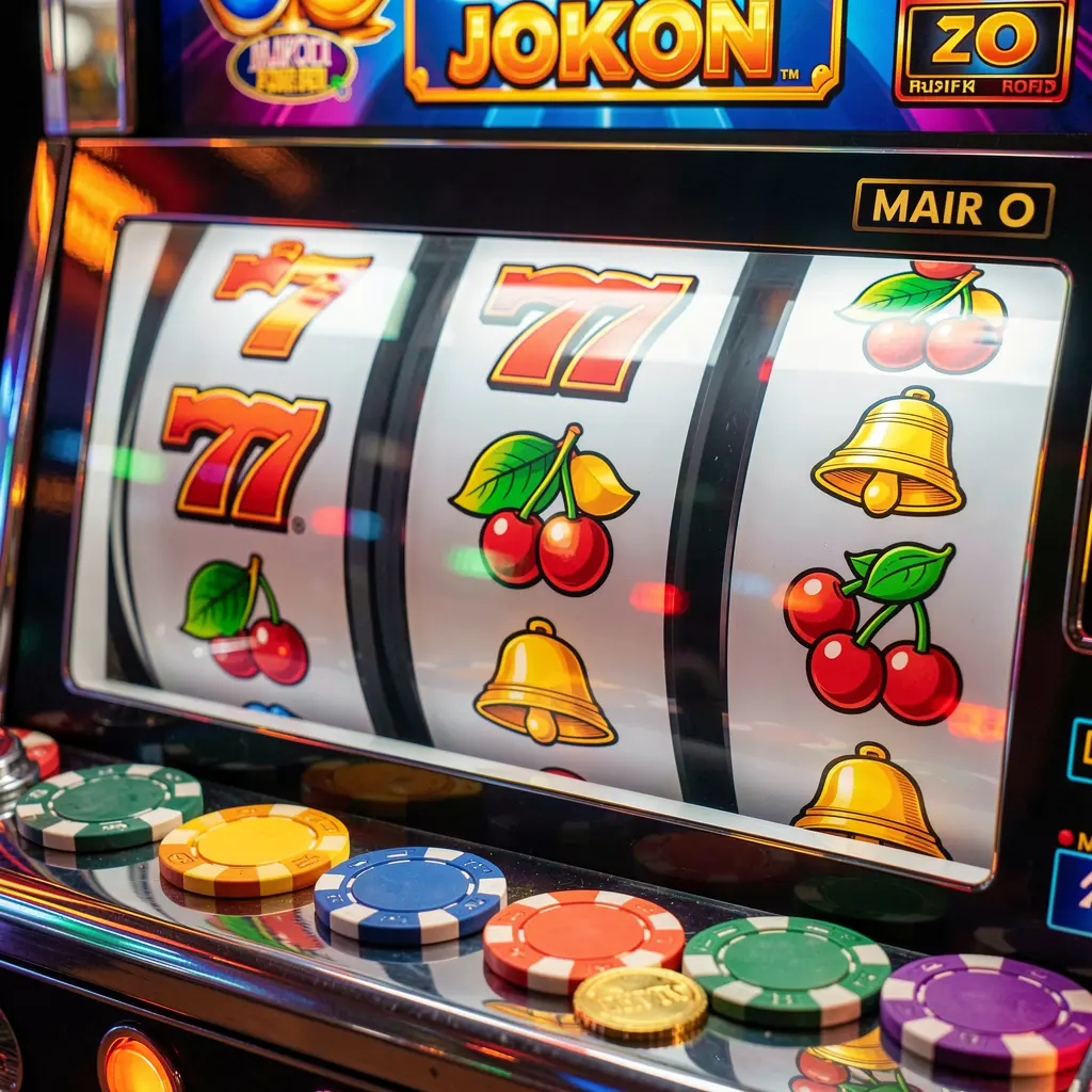 Close-up of a classic slot machine with triple seven symbols surrounded by glowing chips representing premium casino gameplay at KASH777 in Bangladesh